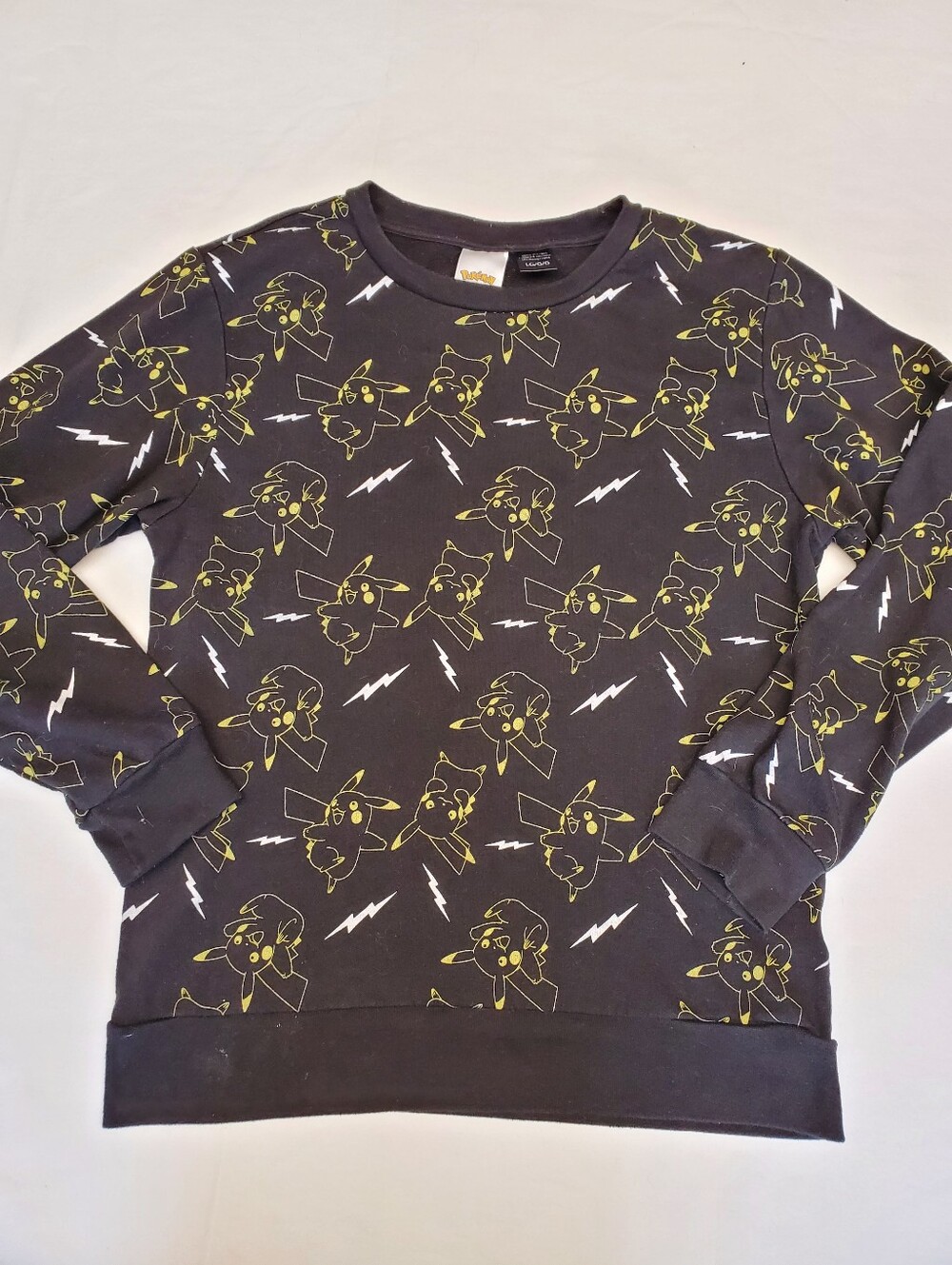 Pokemon Pikachu Sweatshirt Black Lightning Bolt Print Girls Size L Pullover